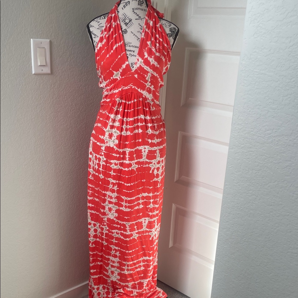 Loveappella Red and White Halter Tie-Dye Maxi Dress